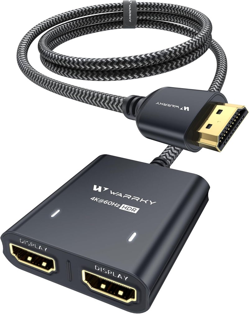 Warrky موزع HDMI 4K، 1x2 تكرار/مرآة عرض HDMI، موزع HDMI 1 في 2 خارج [هيكل معدني، كابل HDMI مضفر بطول 3.3 قدم، مؤشرات LED]، موزع يعمل بالطاقة USB-C، أسود-4K@60Hz HDR - Image 1